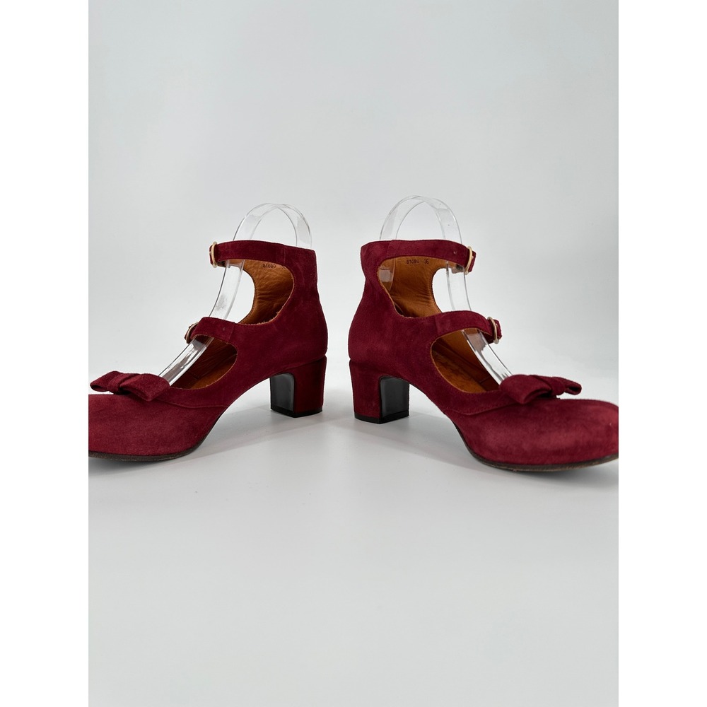 Chie Mihara Burgundy Red Suede Double Strap Mary Jane Bow Heels Women's 36‎ US 6 - Picture 5 of 10